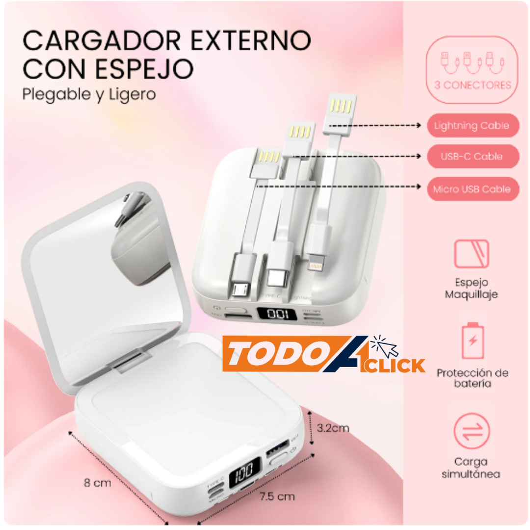 CARGADOR PORTATIL 2 EN 1 CON ESPEJO